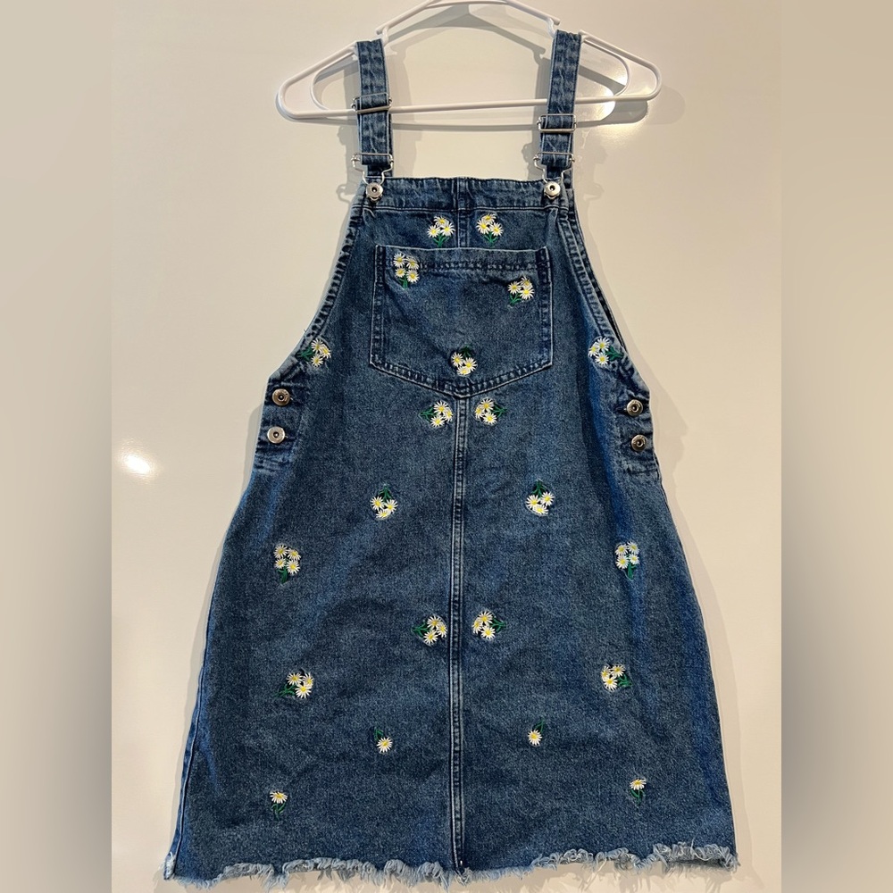 H&M | Daisy Print Blue Jean Bib Overall Jumper Dress Frayed Hem Women's Size 8